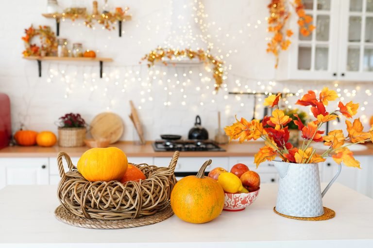 How to Use Fairy Lights & Real Pumpkins for a Cozy Fall Kitchen Island Decor